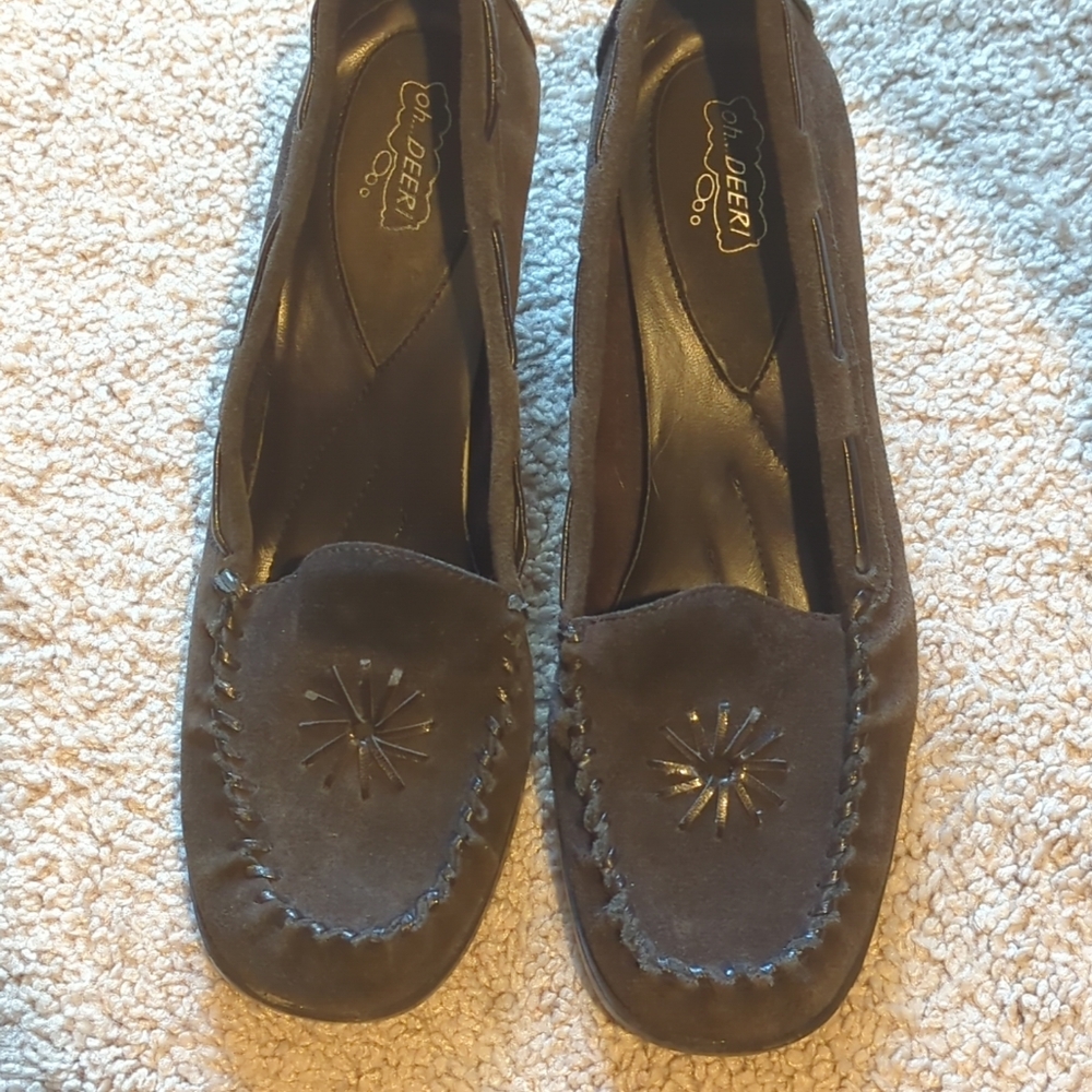 Oh Deer! Brown Leather Suede Platform Slip On Shoes Starburst Size 8M